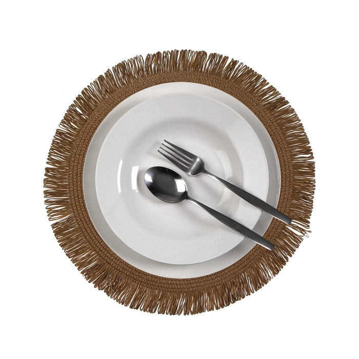 Versa Salvamantel con Flecos Marrón Claro, Fabricado en 95% Papel y 5% Poliéster, Dimensiones 38x38 cm y 0.2 cm de Grosor (6 Unidades)