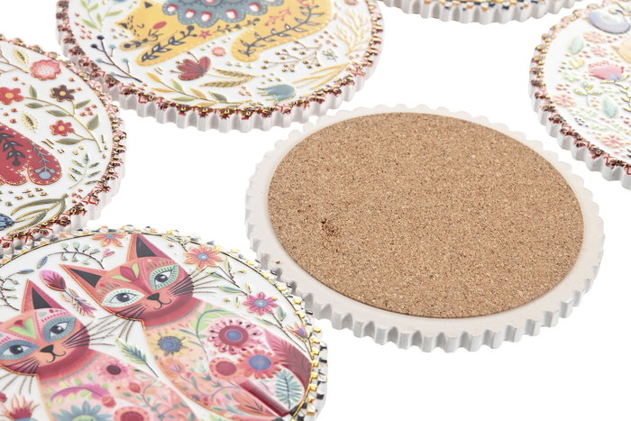 DKD Home Decor Posavasos Shabby Multicolor Blanco Dolomita Corcho Gatitos 10.8 x 0.7 x 10.8 cm (72 Unidades)