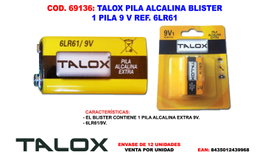 TALOX Pila Alcalina 9V 6LR61 Blíster 1 Unidad