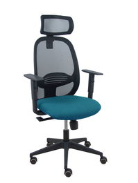 Silla de oficina Cilanco con mecanismo Sincro tapizada con Tela color Verde petróleo y malla color Negro. Equipada con lumbar 1D, Brazos 1D, Cabecero 2D y Ruedas de parqué