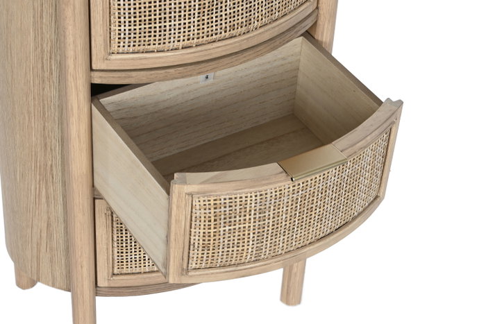DKD Home Decor Mesita de Noche Moderna Artesanal 3 Cajones Ratan y Rubberwood Natural Dorado 48 An. x 35 Pr. x 66 Al. cm