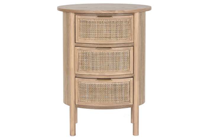 DKD Home Decor Mesita de Noche Moderna Artesanal 3 Cajones Ratan y Rubberwood Natural Dorado 48 An. x 35 Pr. x 66 Al. cm