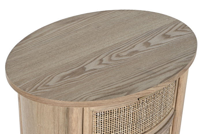 DKD Home Decor Mesita de Noche Moderna Artesanal 3 Cajones Ratan y Rubberwood Natural Dorado 48 An. x 35 Pr. x 66 Al. cm