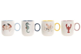 DKD Home Decor Mug Mediterraneo Blanco Multicolor Porcelana New Bone Apto Microondas Lavavajillas Capacidad 340ml 12 Unidades 8 x 9.6 x 12 cm