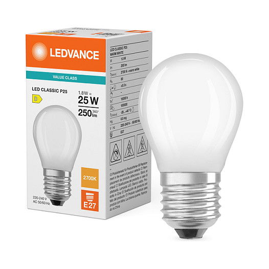 OSRAM LED Classic P 25 Filament P 1.8W 827 Frosted E27, Bombilla LED Clásica Mini