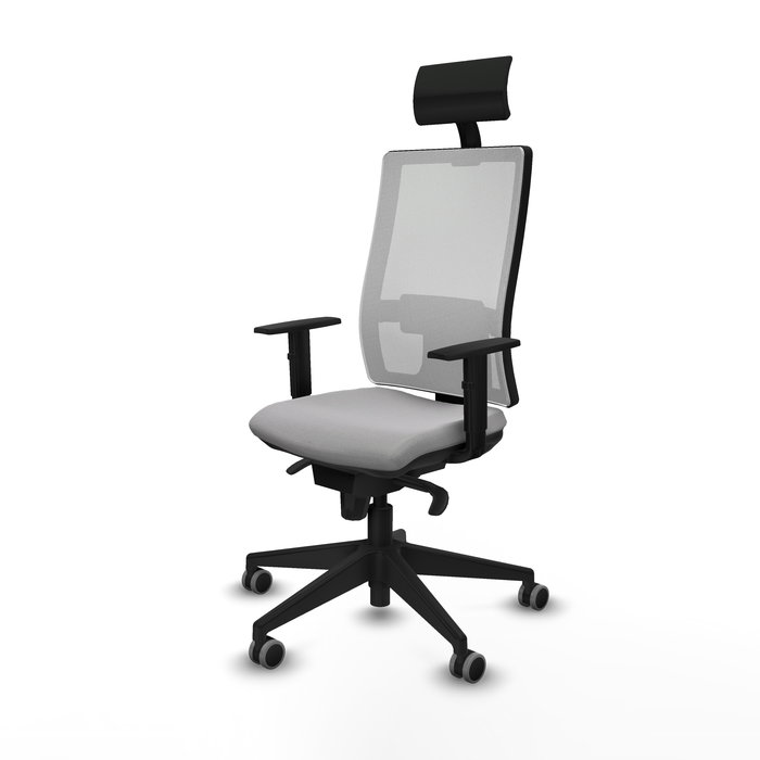 Silla de oficina Horna con mecanismo Sincro tapizada con Tela color Gris claro y malla color Blanco. Equipada con lumbar 1D, Brazos 1D, Cabecero Fijo y Ruedas 65 mm parqué