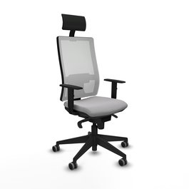 Silla de oficina Horna con mecanismo Sincro tapizada con Tela color Gris claro y malla color Blanco. Equipada con lumbar 1D, Brazos 1D, Cabecero Fijo y Ruedas 65 mm parqué