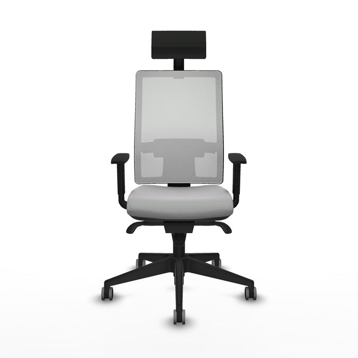 Silla de oficina Horna con mecanismo Sincro tapizada con Tela color Gris claro y malla color Blanco. Equipada con lumbar 1D, Brazos 1D, Cabecero Fijo y Ruedas 65 mm parqué
