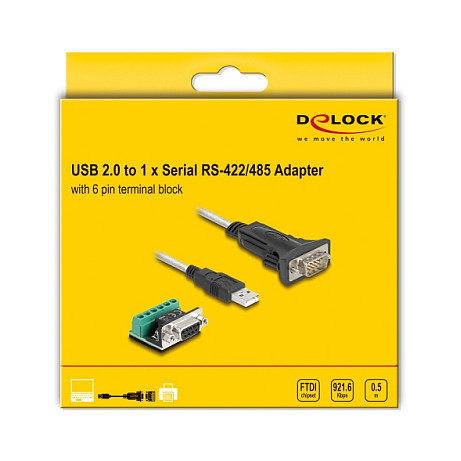DeLOCK 64267 Adaptador USB 2.0 Tipo A a Serial RS-422/485 con Bloque de Terminales de 6 Pines, 0,5 m