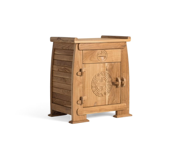 GINER Y COLOMER Mesita de Noche de Madera Maciza de Teca, con Cajón y Puerta Tallada, Acabado Natural, 60 cm de Alto, 54x37 cm