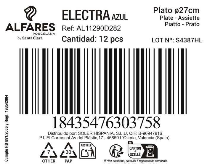 Alfares Plato Llano 27cm Azul Electra