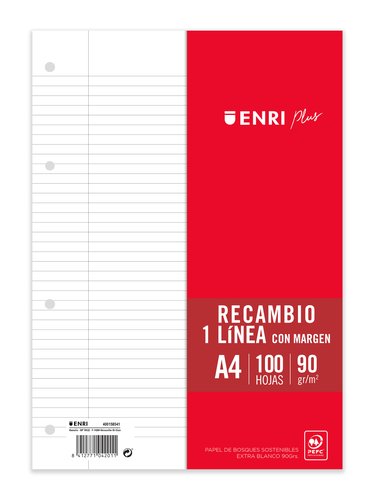 Enri Recambio Plus A4 100H 90g 1 Línea con Margen 4 Taladros Blanco Enri Recambio Plus A4 100H 90g 1 Línea con Margen 4 Taladros Blanco
