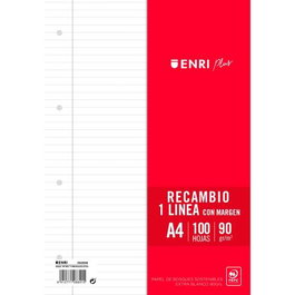 Enri Recambio Plus 100H A4 90 gr Línea C-Margen 4 Taladros Blanco