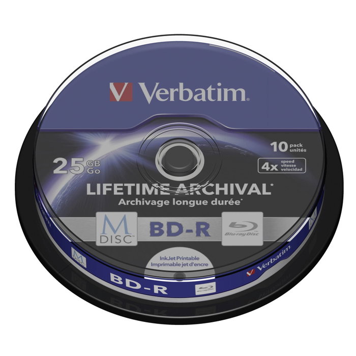 Verbatim M-Disc BD-R BluRay 25GB 4x Speed Pack de 10 Imprimible