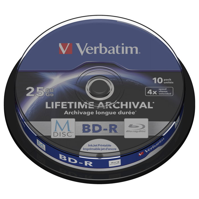 Verbatim M-Disc BD-R 25GB 4x Speed Cakebox 10 unidades imprimibles