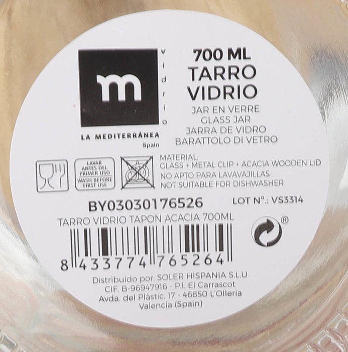La Mediterranea Tarro de Vidrio con Tapón de Acacia 700ml (12 Unidades)