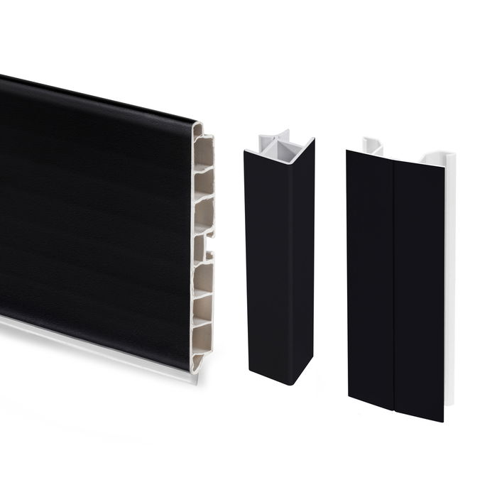 Emuca Lote de 2 zócalos para cocina Plasline con accesorios de unión, altura 100mm, 2 barras de lognitud 2.35m, Plástico, Negro