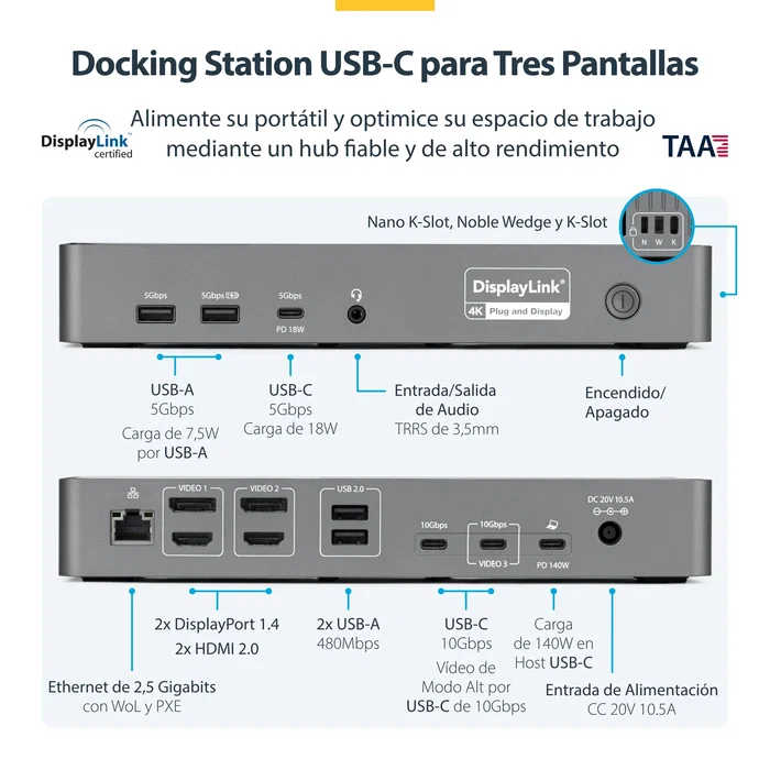 StarTech.com Docking Station Universal USB-C de 3 Pantallas PD 140W 4K DK30C2DPEPRUE Gris
