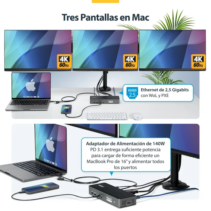 StarTech.com Docking Station Universal USB-C de 3 Pantallas PD 140W 4K DK30C2DPEPRUE Gris