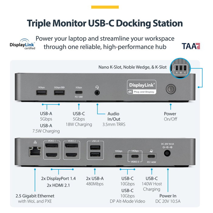 StarTech.com Docking Station Universal USB-C de 3 Pantallas Gris StarTech.com Docking Station Universal USB-C de 3 Pantallas Gris