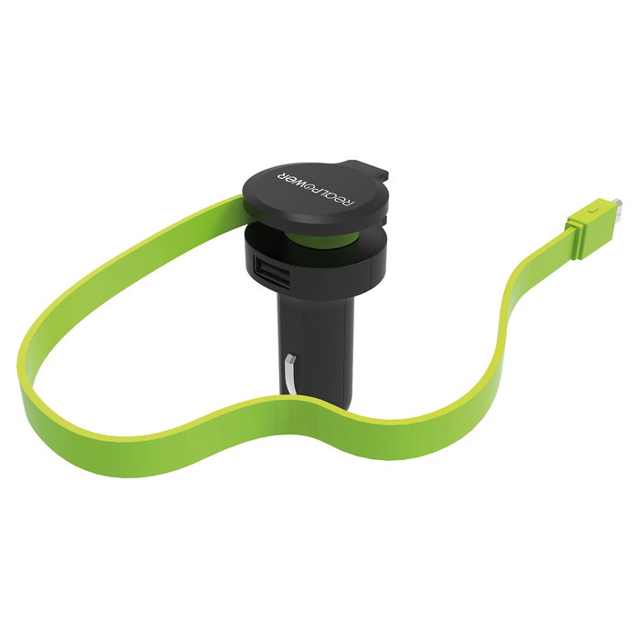 RealPower Cargador de Coche 5V 4.8A con 2 Puertos USB (1xUSB 1xMicro-USB) y Cable Integrado de 0.58 m - Negro y Verde, Ref: 257635