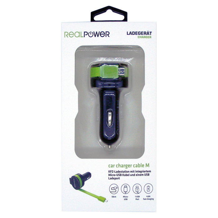 Realpower Cargador de coche 257635 con cable USB integrado y 2 puertos