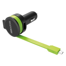 RealPower Cargador de Coche 5V 4.8A con 2 Puertos USB (1xUSB 1xMicro-USB) y Cable Integrado de 0.58 m - Negro y Verde, Ref: 257635