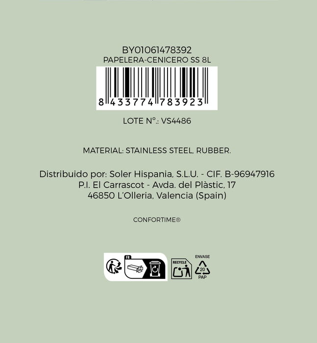 Inde Papelera-Cenicero Ss 8L 14.7x14.7x56.5cm (4 Unidades) Inde Papelera-Cenicero Ss 8L 14.7x14.7x56.5cm (4 Unidades)