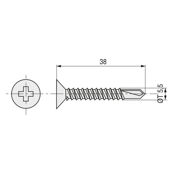 Duver Din 7504-P Tornillo Broca Rosca Chapa Cabeza Plana Zincado Largo 38mm Ø 5.5mm (Set de 200)