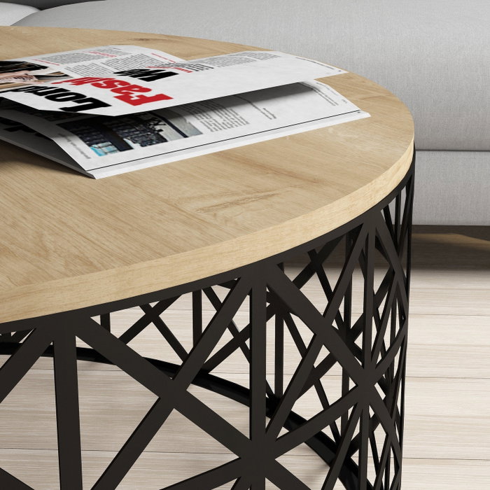 Hanah Home Mesa de Centro Selin Metal Ferforje Roble y Negro, Tablero Melamina, Hierro Forjado, 90x90x38 cm