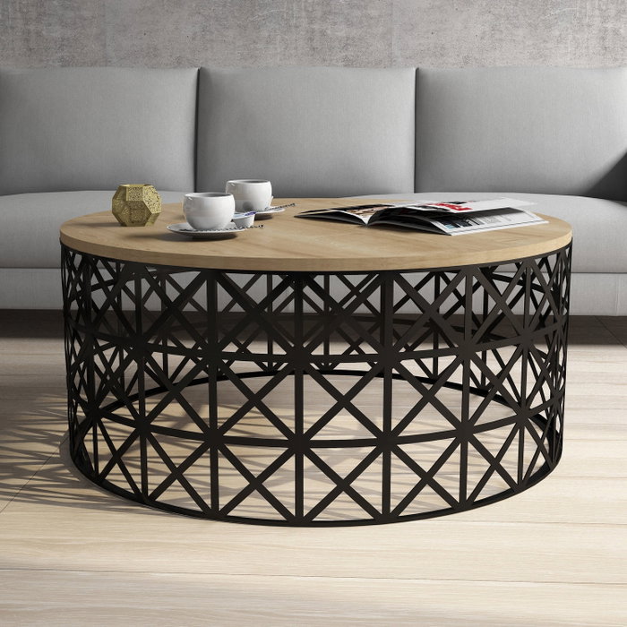 Hanah Home Mesa de Centro Selin Metal Ferforje Roble y Negro, Tablero Melamina, Hierro Forjado, 90x90x38 cm