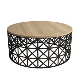 Hanah Home Mesa de Centro Selin Metal Ferforje Roble y Negro, Tablero Melamina, Hierro Forjado, 90x90x38 cm