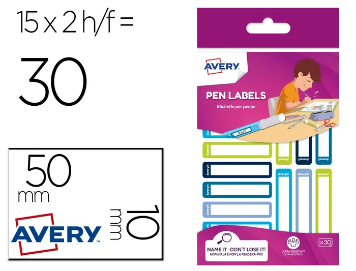 Avery Etiquetas para bolígrafos y lápices azul y verde 50x10 mm blister de 30 unidades Avery Etiquetas para bolígrafos y lápices azul y verde 50x10 mm blister de 30 unidades
