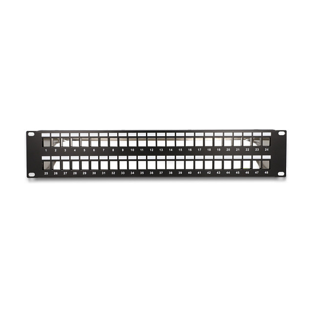DeLOCK Patch Panel Keystone de 19 Pulgadas, 48 Puertos, 2U, Negro, con Entrada de Tensión y Relieve, Panel de Conexión para Rack de Metal, Ref: 19? 48 Port mit Entlastungsschienen