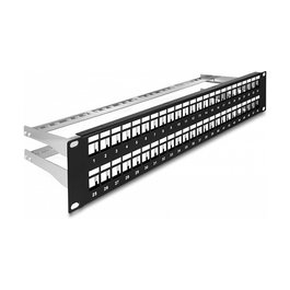 DeLOCK Patch Panel Keystone de 19 Pulgadas, 48 Puertos, 2U, Negro, con Entrada de Tensión y Relieve, Panel de Conexión para Rack de Metal, Ref: 19? 48 Port mit Entlastungsschienen