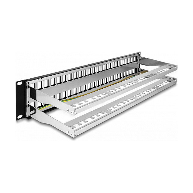 DeLOCK Patch Panel Keystone de 19 Pulgadas, 48 Puertos, 2U, Negro, con Entrada de Tensión y Relieve, Panel de Conexión para Rack de Metal, Ref: 19? 48 Port mit Entlastungsschienen