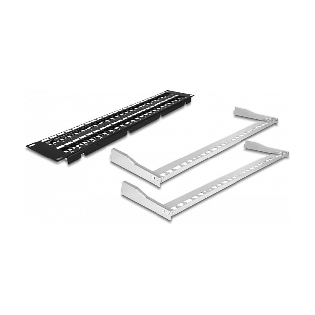 DeLOCK Patch Panel Keystone de 19 Pulgadas, 48 Puertos, 2U, Negro, con Entrada de Tensión y Relieve, Panel de Conexión para Rack de Metal, Ref: 19? 48 Port mit Entlastungsschienen