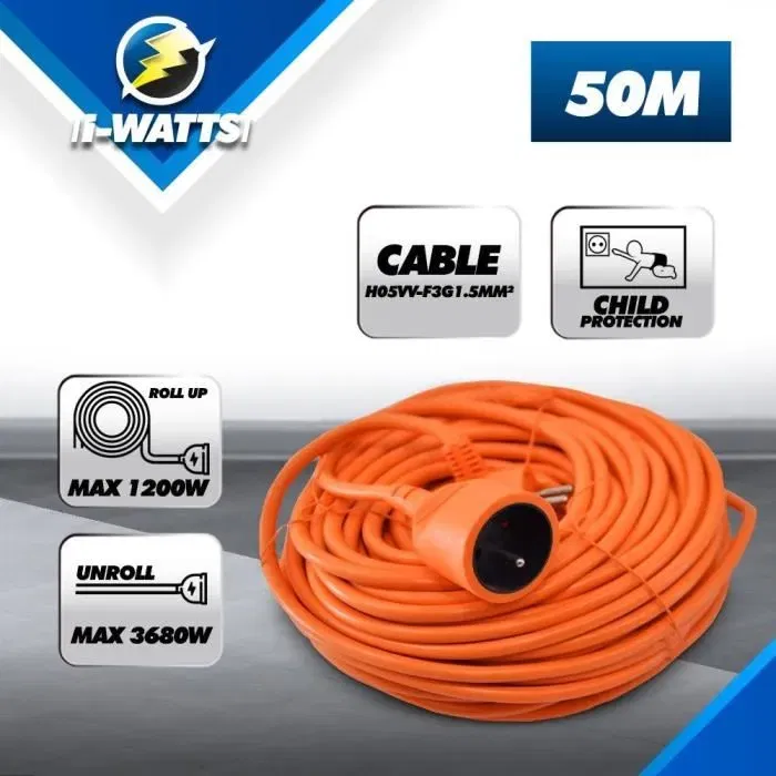 I-WATTS Cable de Extensión 50m 3x1,5mm HO5VV-F3G1.5 Protección Infantil 3680W