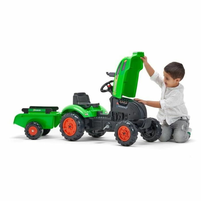 Falk X-Tractor Tractor de pedal verde con capó de apertura y remolque