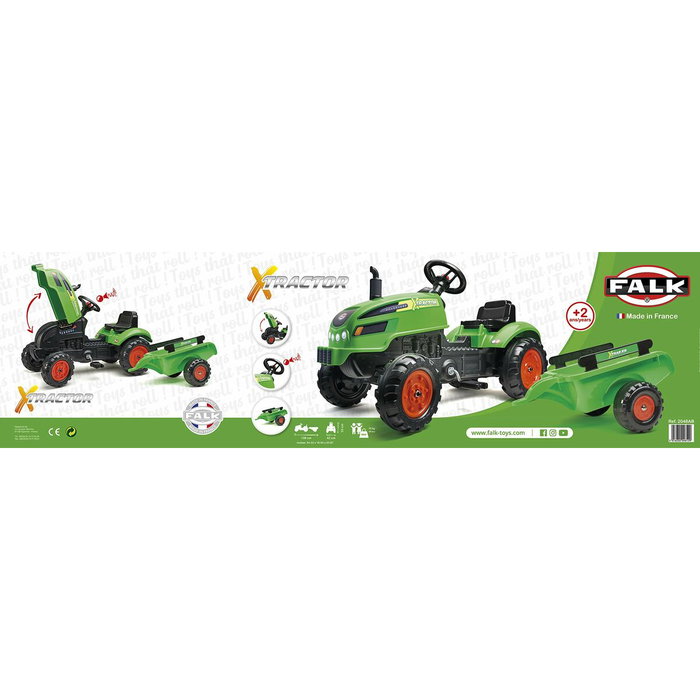 Falk X-Tractor Tractor de pedal verde con capó de apertura y remolque
