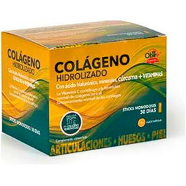 OBIRE Colágeno Hidrolizado 30 Sticks con Ácido Hialurónico, Vitamina C, E, B y Minerales para Cartílagos