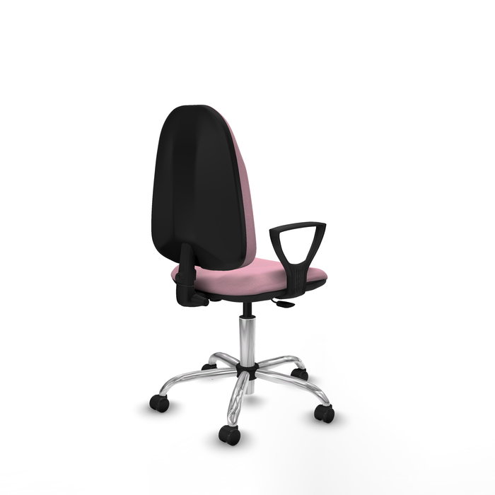 Silla de oficina Algarra con mecanismo Contacto permanente básico tapizada con Tela color Rosa. Equipada con Base cromada, Brazos fijos y Ruedas de parqué