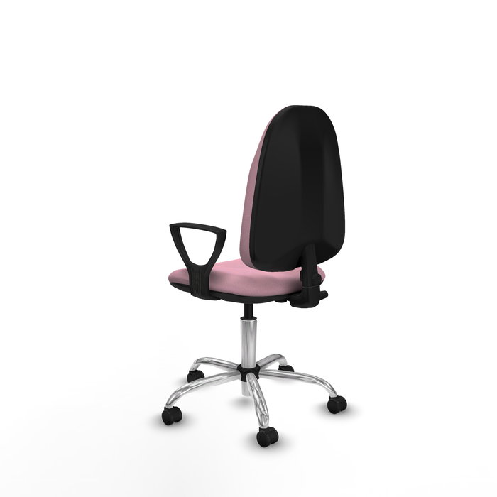 Silla de oficina Algarra con mecanismo Contacto permanente básico tapizada con Tela color Rosa. Equipada con Base cromada, Brazos fijos y Ruedas de parqué