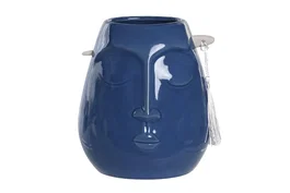 DKD Home Decor Jarrón de Gres Azul Marino Cara 14,5x11x16,7 cm