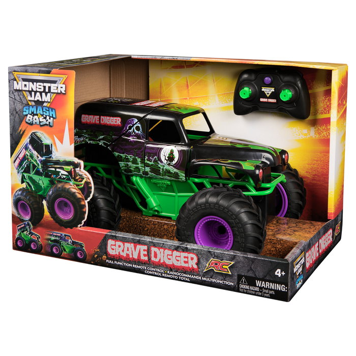 Spin Master Monster Jam Grave Digger Monster Truck Teledirigido a Escala 1:15, Modo Smash 'n Bash con Auto-Reparación, Juguete para Niños de 4 Años o Más, Negro y Verde