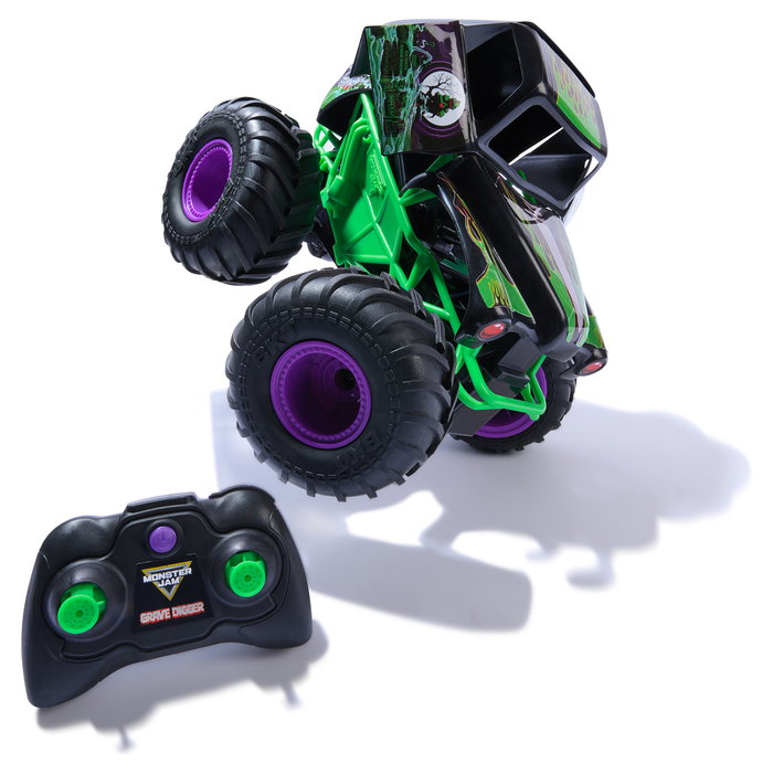 Spin Master Monster Jam Grave Digger Monster Truck Teledirigido a Escala 1:15, Modo Smash 'n Bash con Auto-Reparación, Juguete para Niños de 4 Años o Más, Negro y Verde