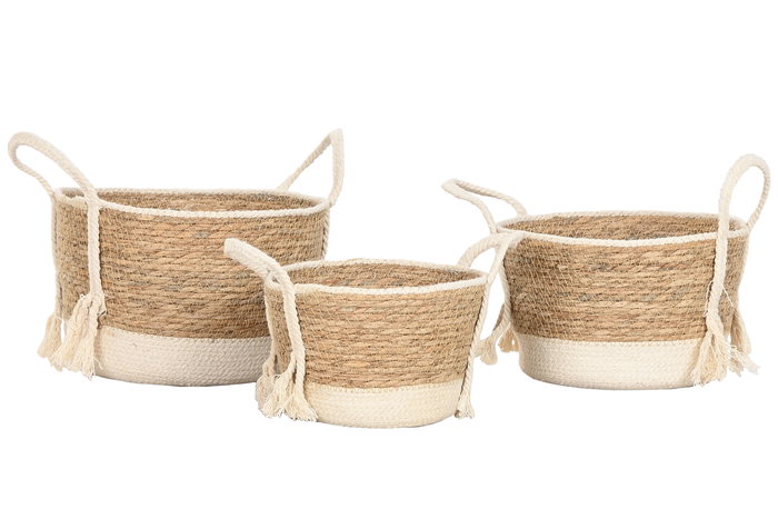 DKD Home Decor Cesta Crema Natural Set de 3 (2 Unidades) 25 x 25 x 22 cm Fibra y Algodón
