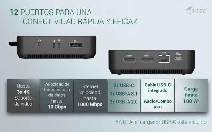 i-tec USB-C Docking Station con 2x HDMI y DisplayPort, 3 Monitores 4K/5K, 100W Power Delivery, Ethernet Gigabit, 6x USB, Audio, VESA, Para Mac/PC/Android