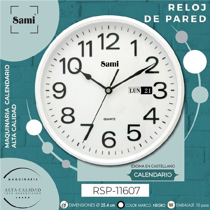 SAMI Reloj de Pared Redondo con Calendario, 25.4 cm (10 Pulgadas), Blanco, Esfera Blanca