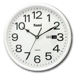 SAMI Reloj de Pared Redondo con Calendario, 25.4 cm (10 Pulgadas), Blanco, Esfera Blanca